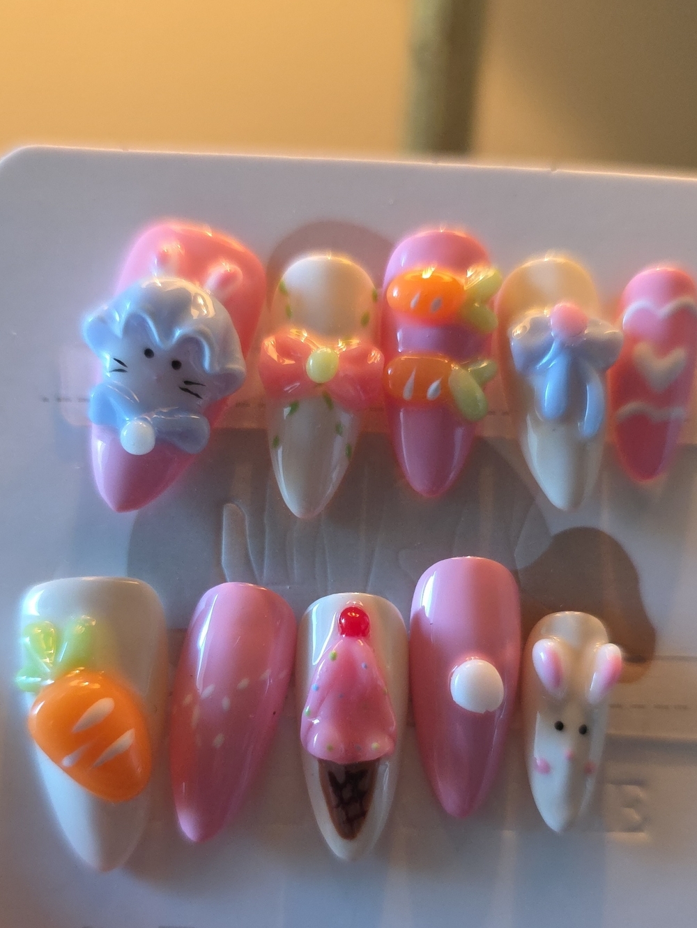 Cute Pink & White 3D Character Press-On Nail Set - Size Large